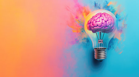 Bright multi-colored background with a light bulb and brain inside, symbolizing creativity and innovation. Perfect for marketing themes.の素材