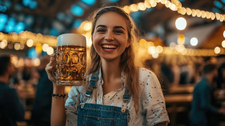 A joyful woman raising a beer mug at an Oktoberfest celebration surrounded by friends. Vibrant atmosphere and festive lights highlight the excitement and camaraderie.の素材