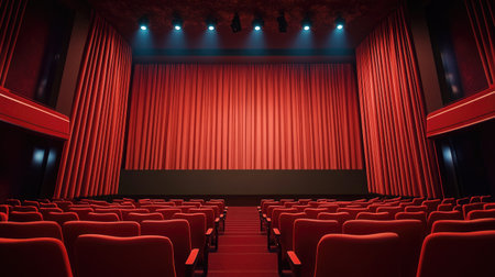 Elegant red curtains framing an abstract cinema scene, ideal for movie-themed designs and presentations.の素材