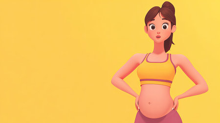 Surprised cartoon woman in exercise clothes looking at her belly. One-color background with space for advertising.の素材