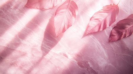 Stylish pink marble wall with delicate white veins and leaf shadows created by light rays, perfect for product presentations.の素材