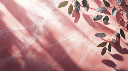 Pink marble wall with white veins and light rays casting shadows of leaves, creating an elegant product display background.の素材