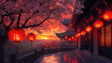 Red lanterns and cherry blossoms adorn a traditional Asian courtyard at sunset, offering a beautiful blend of color and cultural charm.の素材