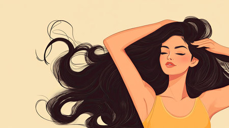 A cartoon woman gracefully arranging her thick, black hair, positioned on a light, monochromatic background, leaving room for advertising.の素材