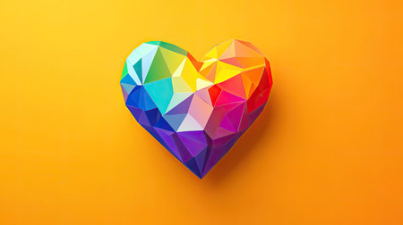 Artistic geometric heart in rainbow colors on an orange background, emphasizing love, diversity, and inclusion.の素材