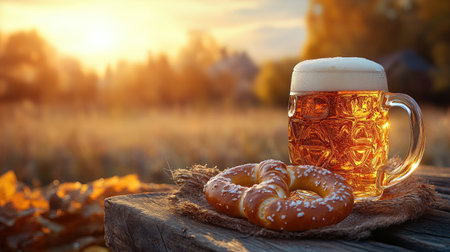 Traditional Oktoberfest scene with a beer mug and pretzel on a rustic table, bathed in sunset light.の素材