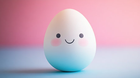 Adorable kawaii egg with a happy expression, contrasting with a light pink and blue backdrop. Perfect for celebrating Easter joyfully.の素材