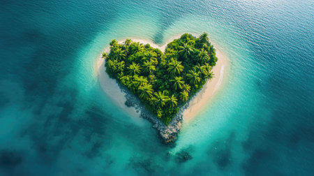 Aerial drone shot of a heart-shaped tropical palm island in the ocean, offering plenty of negative space.の素材