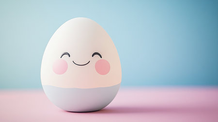 Adorable kawaii egg with a happy expression, contrasting with a light pink and blue backdrop. Perfect for celebrating Easter joyfully.の素材