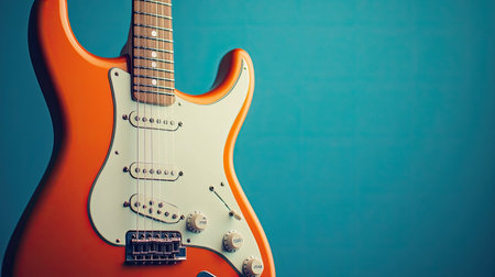 Close-up front view of an electric guitar hanging on a blue background, highlighting its shape and features.の素材