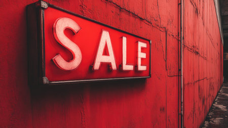 Prominent red 'SALE' sign on a bright red backdrop, great for drawing attention in advertisements.の素材