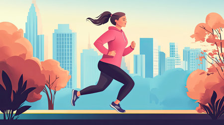 Illustration of a woman jogging from overweight to slim, displaying the transformative power of exercise.の素材
