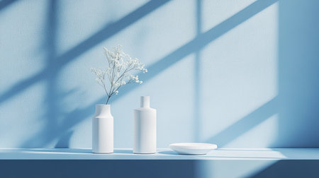 Blue tabletop and blue wall setup, providing a sleek and modern product stage. Ideal for showcasing various items.の素材