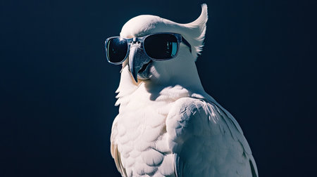 Cool white cockatoo with sunglasses, set against a dark blue backdrop, highlighting its confident demeanor.の素材