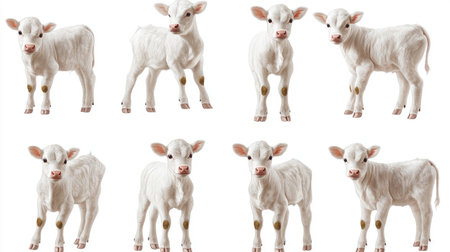 A set of images showcasing a white calf in various vertical standing positions, isolated on a white background. Perfect for animal collections and farm illustrations.の素材