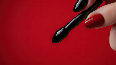 Detailed view of the manicure process with black nail polish being applied, against a vibrant red backdrop.の素材