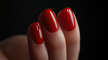 Close-up of a beautiful manicure process with red nail polish being applied to a hand. Black background enhances the vividness of the red polish.の素材