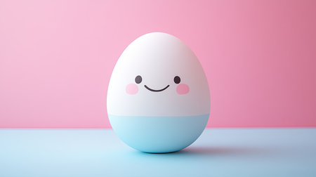 Kawaii-style egg with a smiley face, standing out against a light pink and blue background. Embodying the playful spirit of Easter.の素材