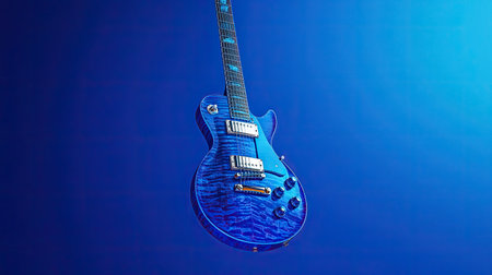 Electric guitar suspended against a vivid blue background, capturing its design and elegance.の素材