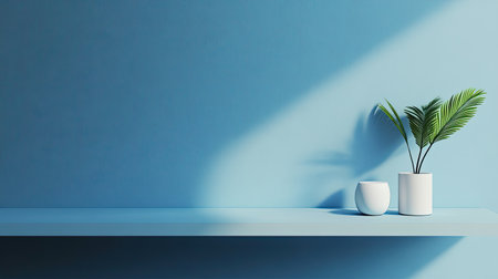 Simple blue tabletop with a matching blue wall background, offering a clean product stage for modern designs.の素材