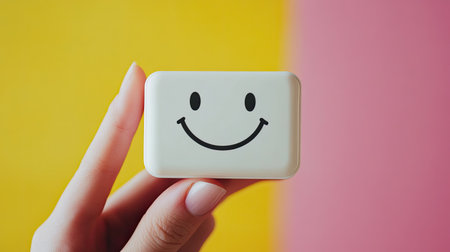 Hand holding a white pill box with a cheerful smiley face, emphasizing positivity and wellness.の素材