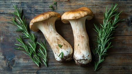 King trumpet mushrooms paired with rosemary sprigs on a rustic wooden background, showcasing the beauty of fresh, natural ingredients.の素材