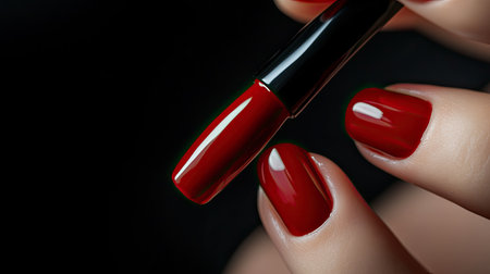 Intimate view of the manicure process with red nail polish being brushed onto nails. The black background makes the red color pop.の素材
