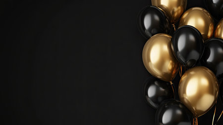 Black and gold foil balloons arranged with empty space, ideal for birthday, anniversary, and wedding banners.の素材