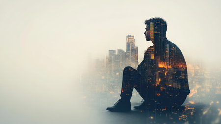 Contemplative businessman with a cityscape superimposed, symbolizing the intersection of personal thought and city activity.の素材