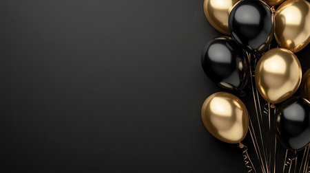 Black and gold foil balloons arranged with empty space, ideal for birthday, anniversary, and wedding banners.の素材
