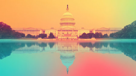 US Capitol building mirrored in a tranquil pool, with a gradient background highlighting political themes.の素材