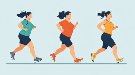 Vector illustration showing a fat woman jogging, transitioning to a slim shape. Three types of female body types depicted.の素材