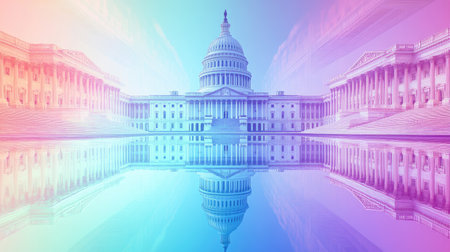 US Capitol building mirrored in a tranquil pool, with a gradient background highlighting political themes.の素材