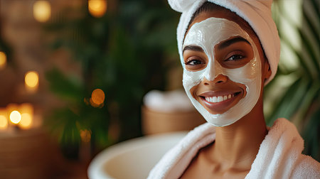 Close-up of a woman in a bath towel and face mask, smiling at the camera with a serene spa setting in the background.の素材