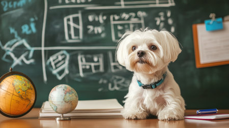 Cute Maltese dog with a chalkboard displaying math formulas, a globe, and various school stationery on a beige background. Ideal for educational themes.の素材