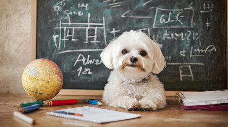 Cute Maltese dog with a chalkboard displaying math formulas, a globe, and various school stationery on a beige background. Ideal for educational themes.の素材
