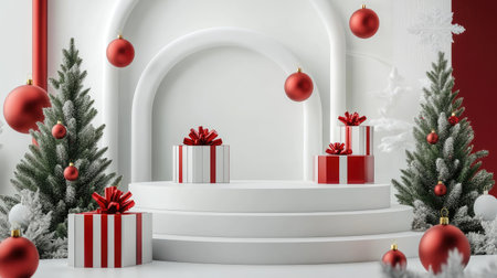 3D podium background for Christmas product sales, featuring a stage with winter display. White and red stand with gift boxes, ideal for holiday banners and festive decorations.の素材