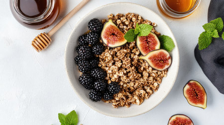 Overhead shot of a bowl with homemade granola, figs, blackberries, and a jar of honey on a white surface. A delightful and healthy breakfast setup.の素材