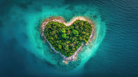 Heart-shaped tropical island seen from above, with abundant negative space, creating a picturesque scene.の素材
