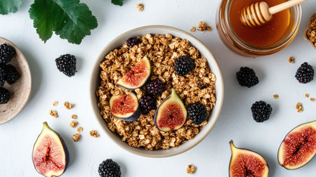 Overhead shot of a bowl with homemade granola, figs, blackberries, and a jar of honey on a white surface. A delightful and healthy breakfast setup.の素材
