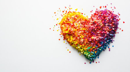 A vibrant rainbow-colored heart made of confetti on a white background, with space on the right side for text.の素材