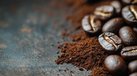 Artfully arranged freshly roasted coffee beans on a smooth surface, accompanied by ground coffee. Perfect for coffee and beverage themesの素材