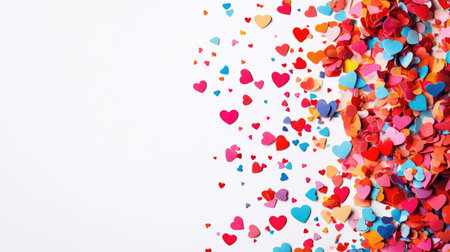 Colorful heart-shaped confetti against a white background, perfect for adding text on the right side.の素材