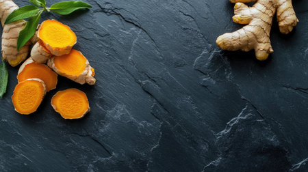 Top view of raw ginger and turmeric on a dark stone surface, displaying their vibrant colors. Perfect for healthy eating and natural remedy themes.の素材