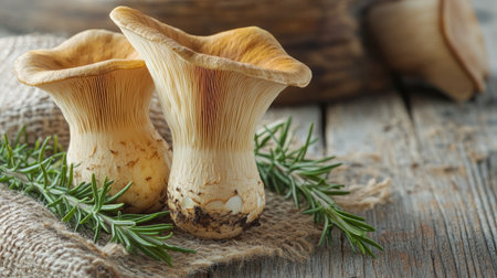 Close-up of two king trumpet mushrooms with rosemary sprigs on a rustic wooden background. The natural textures and earthy tones create a rustic feel.の素材