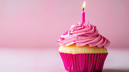 Close-up of a pink frosted cupcake with a single candle, ready for a celebration. The bright colors pop against a simple backdrop.の素材