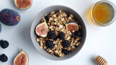 Overhead shot of a bowl with homemade granola, figs, blackberries, and a jar of honey on a white surface. A delightful and healthy breakfast setup.の素材