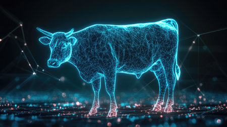 Concept image of a digital holographic cow highlighting advancements in agriculture and veterinary fields. Great for modern and technology-focused themes.の素材