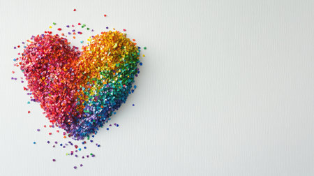 Heart made of rainbow confetti on a white backdrop, offering space on the right for text or additional elements.の素材