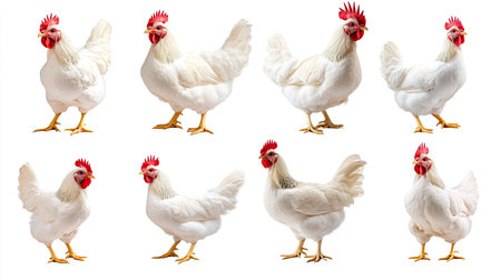 A bundle of white chicken images in various poses (portrait, standing, profile), isolated on a white background. Great for showcasing poultry.の素材